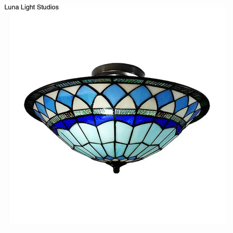 Tiffany Style Stained Glass Semi Flush Light - Blue Ceiling Fixture For Living Room 5’ H X 16’