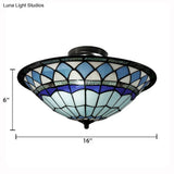 Tiffany Style Stained Glass Semi Flush Light - Blue Ceiling Fixture For Living Room 5’ H X 16’