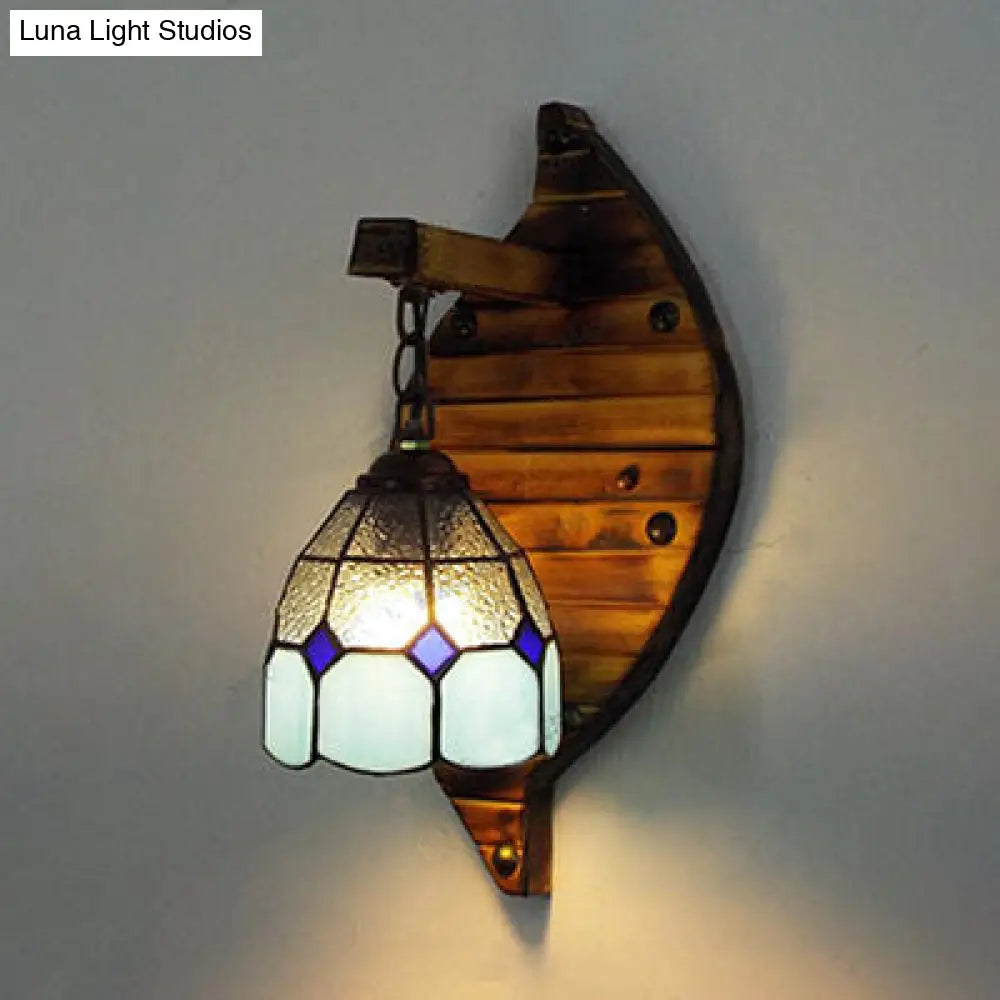 Tiffany Style Stained Glass Wall Sconce - Blue Dome-Shaped Mount Fixture 1 Light 6/5.5 W With Chain