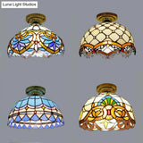 Tiffany Style Victorian/Flower/Pearl/Baroque Flush Mount Lamp With Stained Glass Shade - Antique