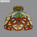 Tiffany Style Victorian/Flower/Pearl/Baroque Flush Mount Lamp With Stained Glass Shade - Antique