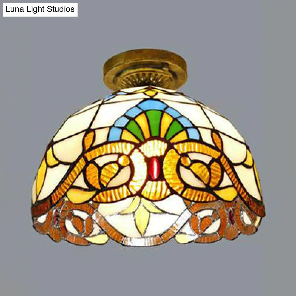 Tiffany Style Victorian/Flower/Pearl/Baroque Flush Mount Lamp With Stained Glass Shade - Antique