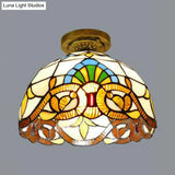 Tiffany Style Victorian/Flower/Pearl/Baroque Flush Mount Lamp With Stained Glass Shade - Antique