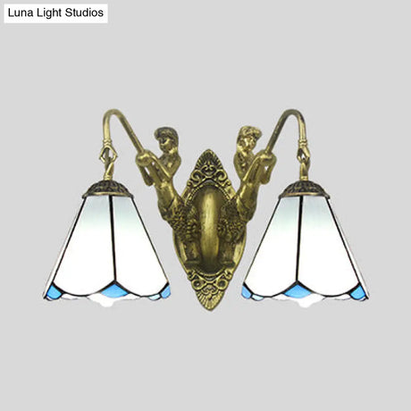 Tiffany Style Wall Sconce With Flared White/Beige Glass And Mermaid Backplate - 2 Light