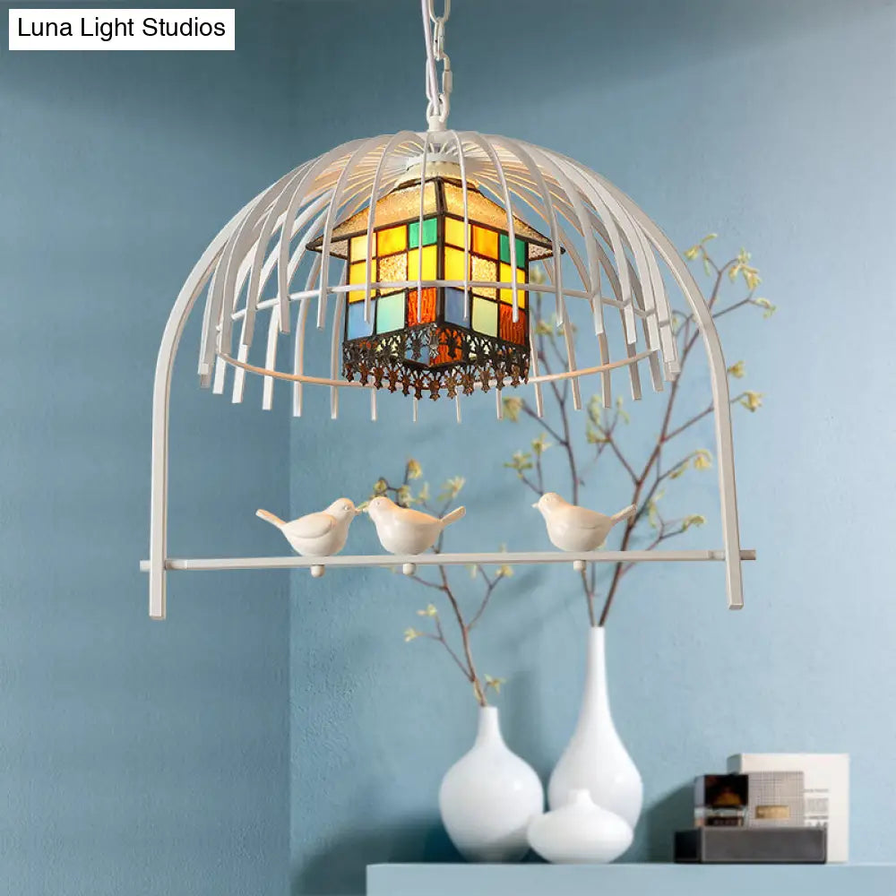 Tiffany Style White Bird Cage Pendant Light - 1-Light Stainless Glass Ceiling Lamp With Inner House