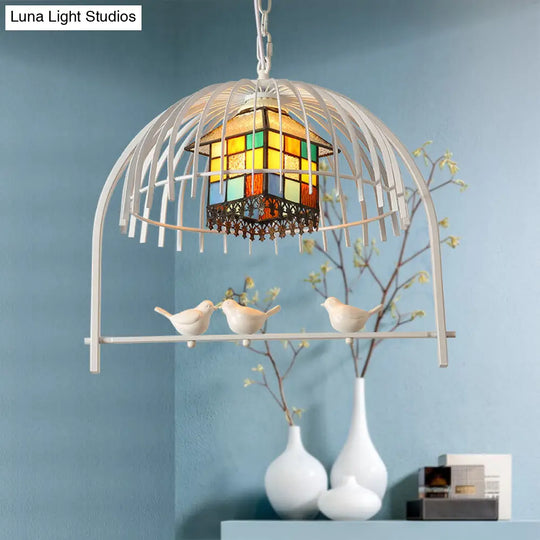 Tiffany Style White Bird Cage Pendant Light - 1-Light Stainless Glass Ceiling Lamp With Inner House