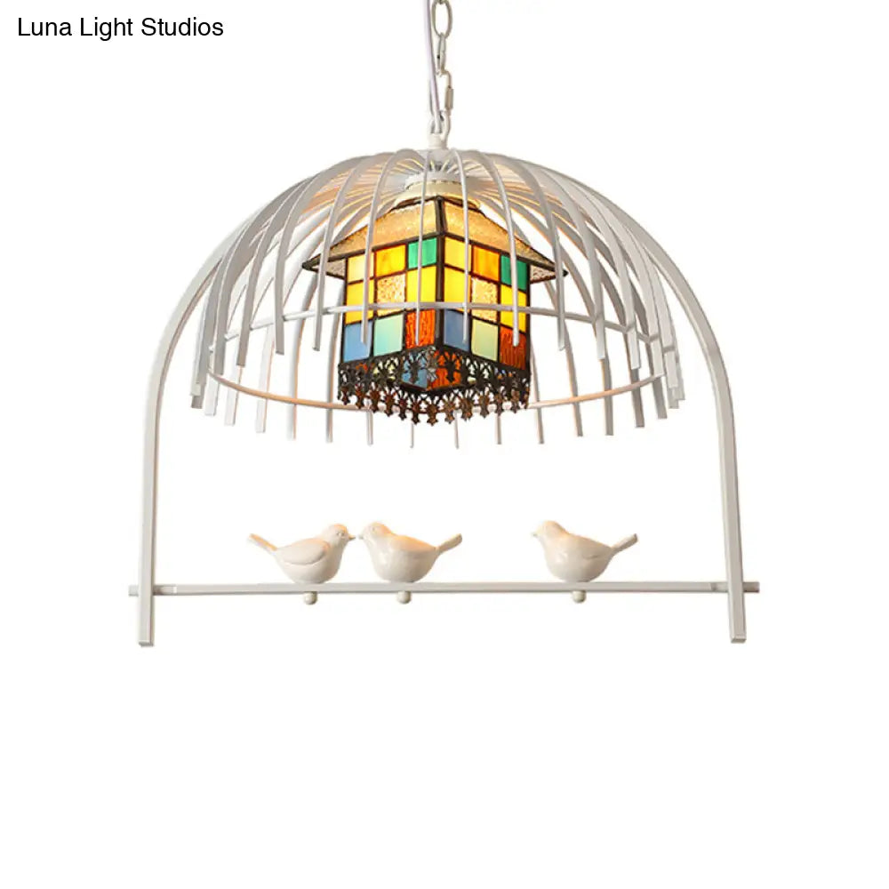 Tiffany Style White Bird Cage Pendant Light - 1-Light Stainless Glass Ceiling Lamp With Inner House