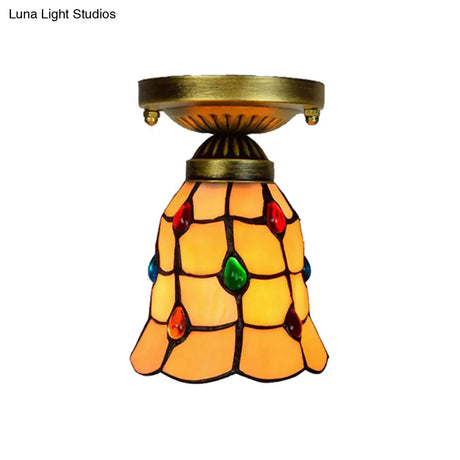 Tiffany Traditional Bell Ceiling Light With Jewelry Shell - Yellow Flush Mount For Hotels