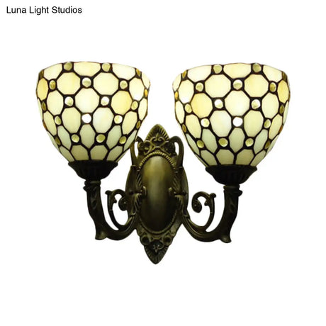 Tiffany Vintage Beige Wall Lamp With 2 Glass Heads: Restaurant Grid Shade Sconce Light
