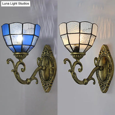 Tiffany Vintage Grid Glass Bowl Wall Sconce Lamp - Clear/Blue 1 Light For Bedroom Lighting