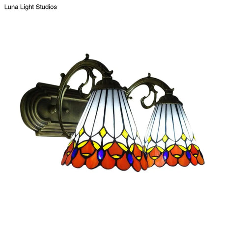 Tiffany Vintage Orange Wall Sconce With Cone Shade - 2-Light Art Glass Light For Bathroom