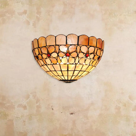 Tiffany Vintage Shell Wall Sconce Beige/Pink-White Flower Pattern For Corridor & Office Lighting