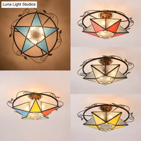 Tiffany Vintage Stained Glass 5 Pointed Star Ceiling Light - Semi Flush Mount In Multi - Color