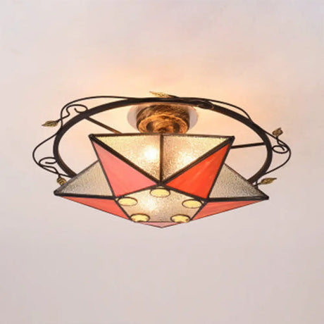 Tiffany Vintage Stained Glass 5 Pointed Star Ceiling Light - Semi Flush Mount In Multi - Color