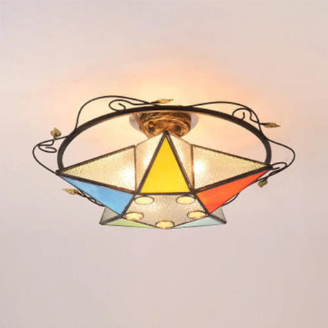 Tiffany Vintage Stained Glass 5 Pointed Star Ceiling Light - Semi Flush Mount In Multi - Color Red