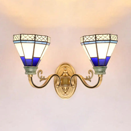 Tiffany Wall Lamp With Stained Glass Cone Shade - 2-Light Foyer Lighting Dark Blue