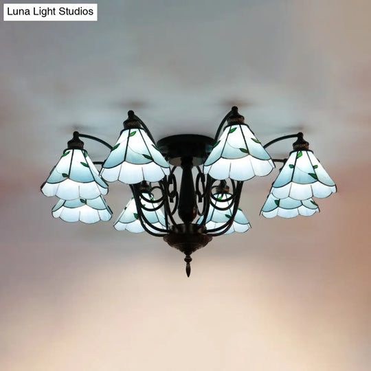Tiffany White/Blue Handcrafted Art Glass Cone Ceiling Mounted Light - 8 Heads Semi Flush Fixture
