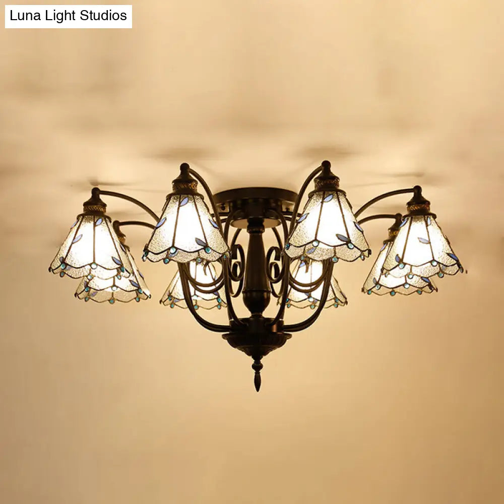 Tiffany White/Blue Handcrafted Art Glass Cone Ceiling Mounted Light - 8 Heads Semi Flush Fixture