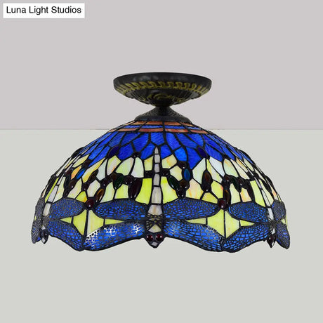 Tiffany White/Red Dragonfly Stained Glass Porch Ceiling Mount Lamp