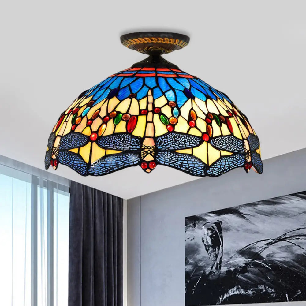 Tiffany White/Red Dragonfly Stained Glass Porch Ceiling Mount Lamp Red