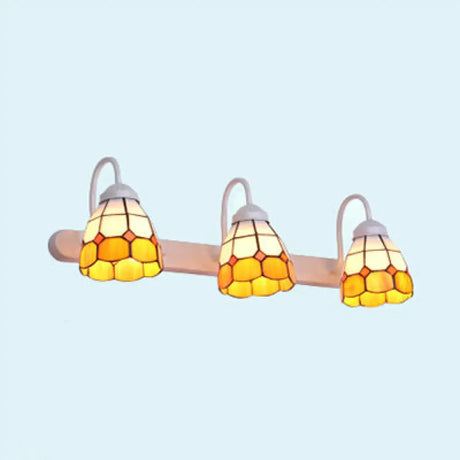 Tiffany Yellow/Blue Glass Grid Patterned Wall Light Fixture - White 3-Head Vanity Lighting Yellow