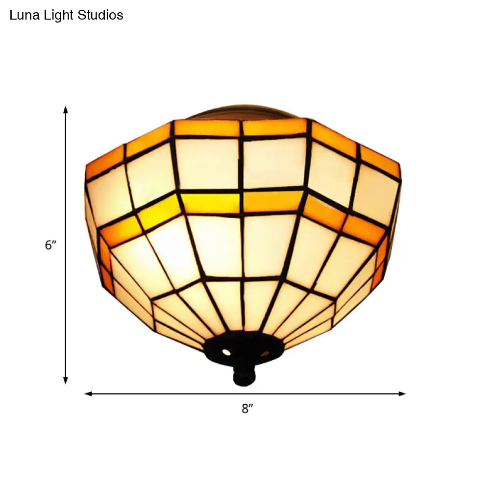 Tiffany Yellow Glass Lattice Bowl Flush Mount Ceiling Light For Study Room