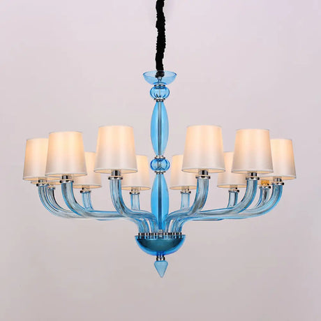 Tradition Starburst Glass Chandelier - 12 Bulbs White/Red/Blue With Cone Fabric Shade Blue