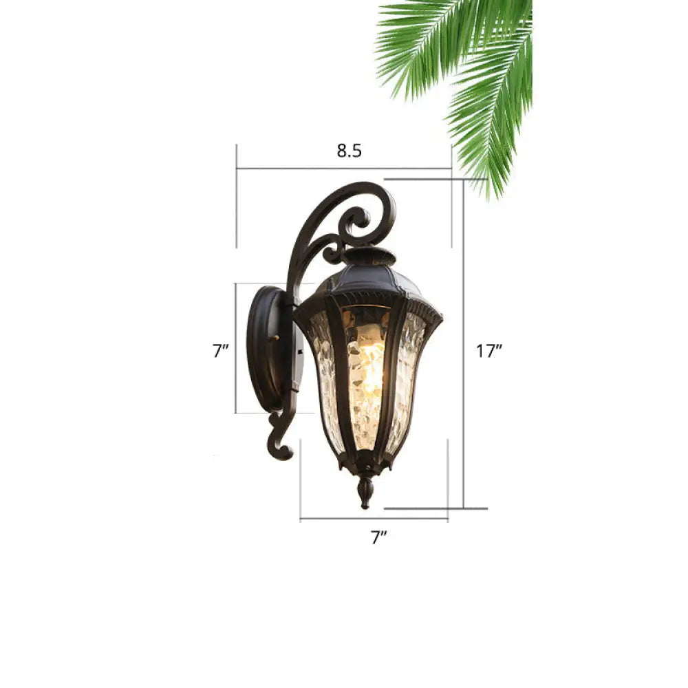 Traditional 1-Head Glass Shaded Lantern Wall Sconce - Black Patio Mount Light Fixture / Small Wavy