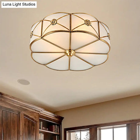 Traditional 1-Tiered White Glass & Gold Flush Mount Chandelier - 3/4/6 Bulbs (14’/18’/23.5’ Width)