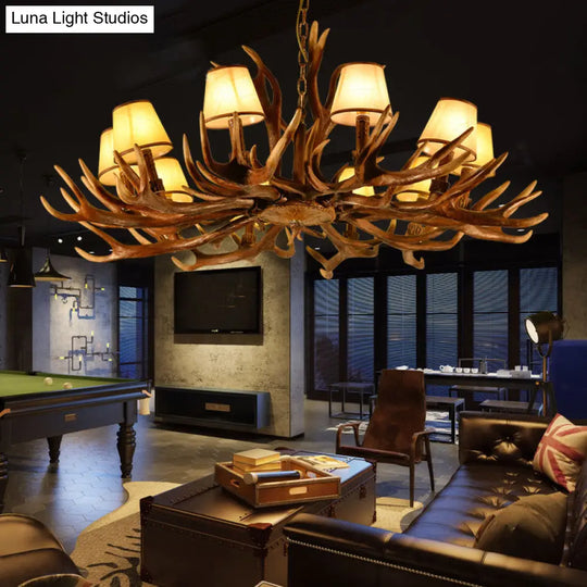 Traditional 10-Bulb Conical Resin Pendant Light Chandelier For Dining Room In Brown