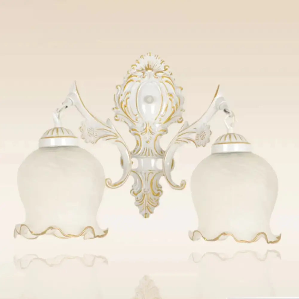 Traditional 2-Headed Ruffle Wall Sconce Light With Bronze Finish And Frosted Glass - Ideal For