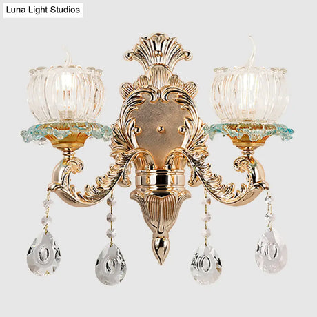 Traditional 2-Light Crystal Wall Mount Lamp In Gold - Elegant Restaurant Lighting