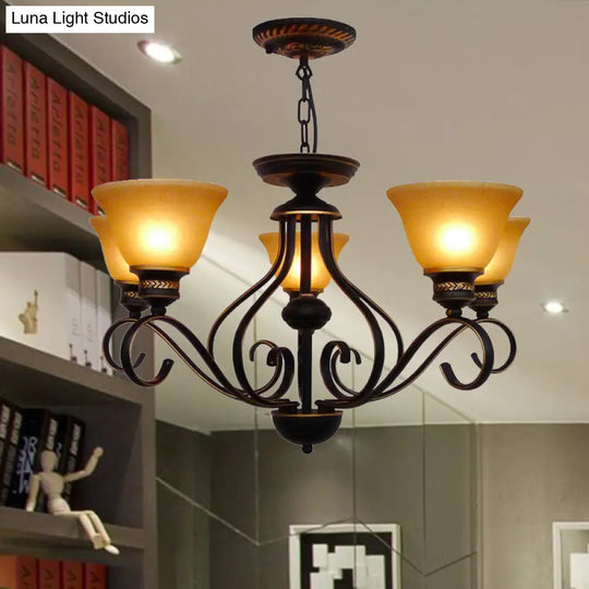 Traditional 5-Light Beige Frosted Glass Chandelier: Black Bell Pendant Fixture