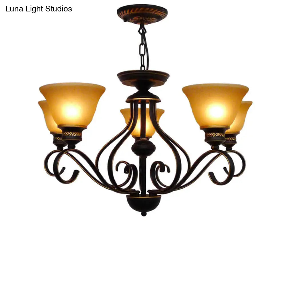 Traditional 5-Light Beige Frosted Glass Chandelier: Black Bell Pendant Fixture