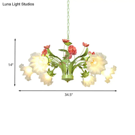 Traditional 6-Head Green Glass Chandelier For Bedroom - Cream Flower Pendant Lighting