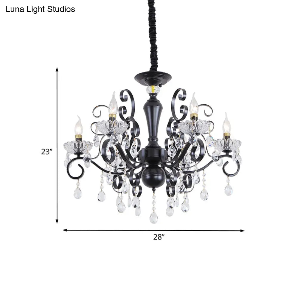 Traditional 6-Light Candlestick Chandelier: Black Faceted Ball Suspension Lamp