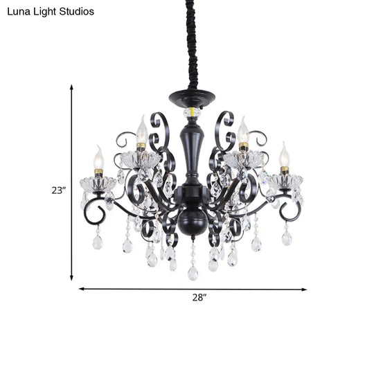 Traditional 6-Light Candlestick Chandelier: Black Faceted Ball Suspension Lamp