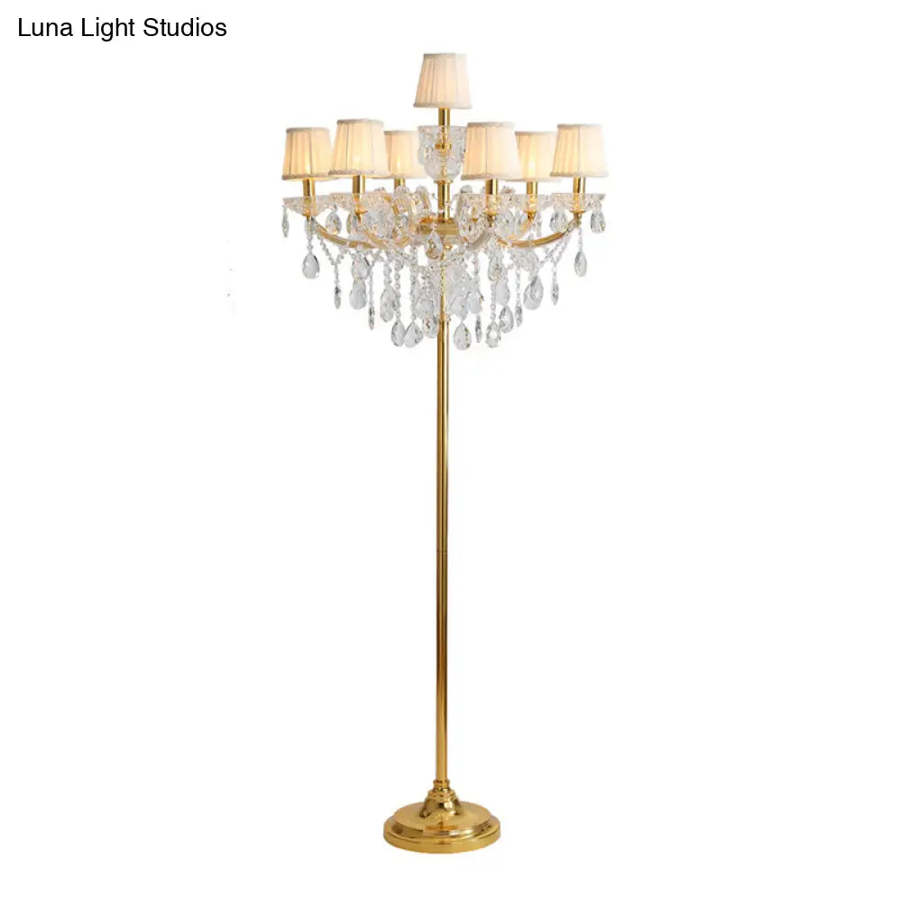 Traditional 7-Head Fabric Pleated Floor Lamp In Gold With Crystal Accent - Perfect For Living Room