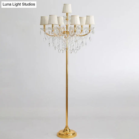 Traditional 7-Head Fabric Pleated Floor Lamp In Gold With Crystal Accent - Perfect For Living Room