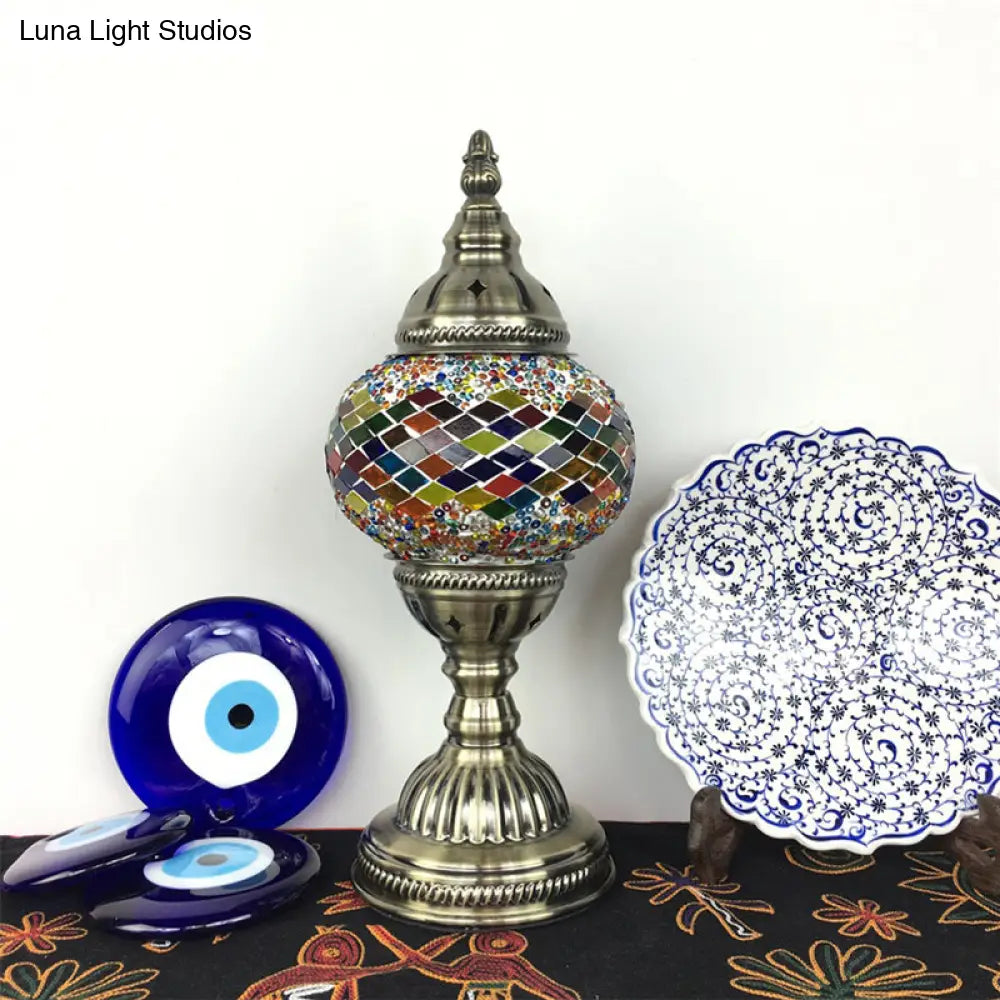 Traditional Aged Brass Coffee House Table Lamp With Colored Glass Shade