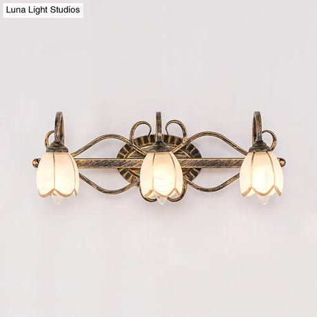 Traditional Antique Brass Vanity Light With Frosted Glass And Floral Design - 2/3 Lights