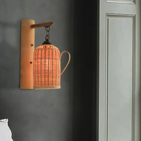 Traditional Bamboo Wall Mounted Lamp With Wood Kettle/Bell/Trumpet Sconce Light 1 Bulb