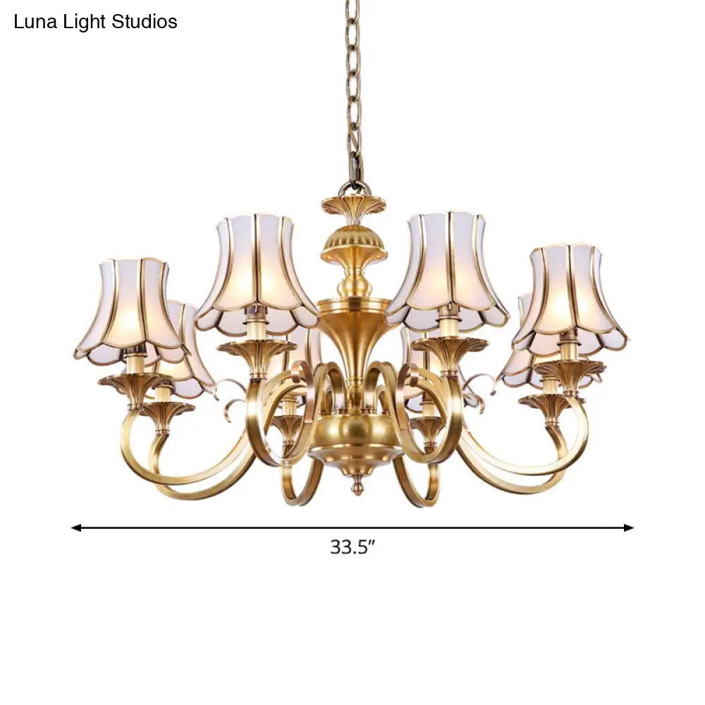 Traditional Bedroom Chandelier Light With Frosted Glass Shades - Polished Brass Finish 3/5/6 Lights