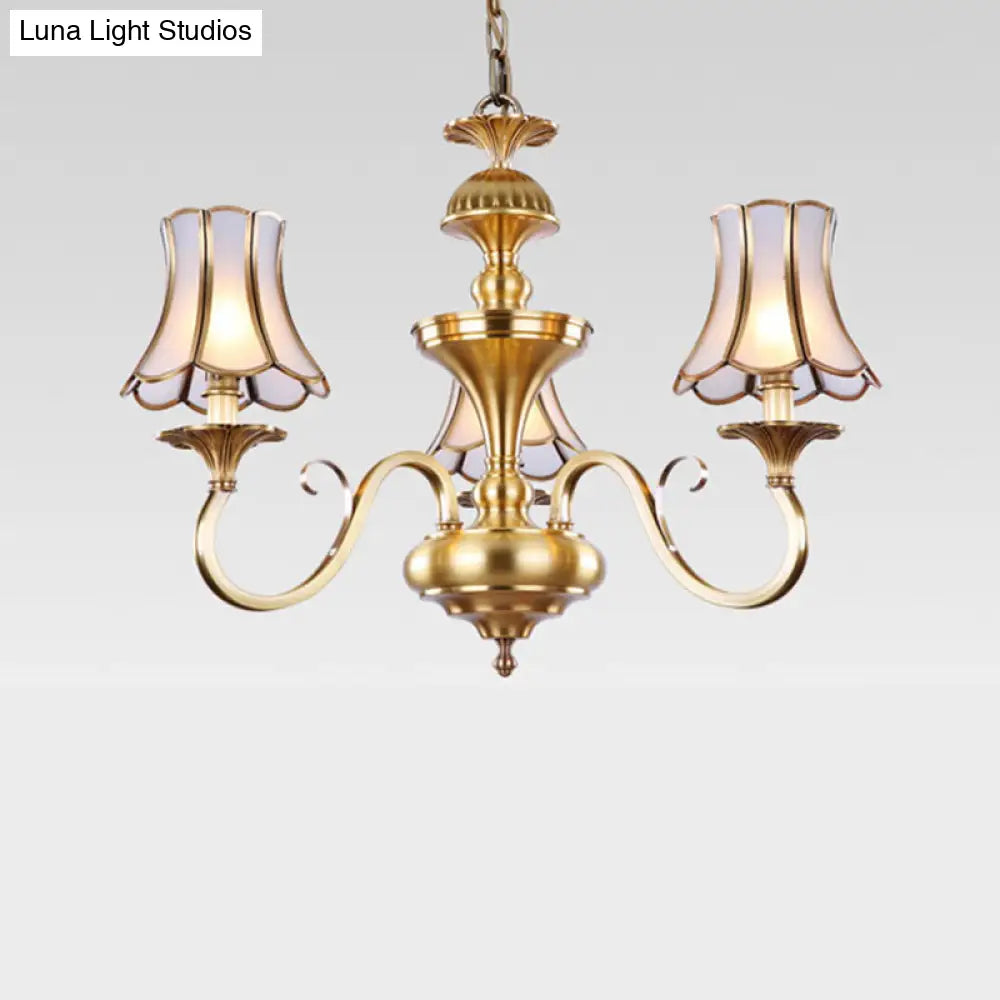 Traditional Bedroom Chandelier Light With Frosted Glass Shades - Polished Brass Finish 3/5/6 Lights
