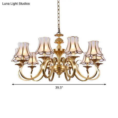 Traditional Bedroom Chandelier Light With Frosted Glass Shades - Polished Brass Finish 3/5/6 Lights