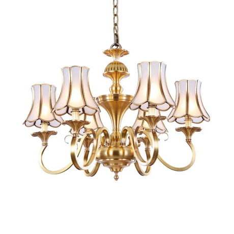 Traditional Bedroom Chandelier Light With Frosted Glass Shades - Polished Brass Finish 3/5/6 Lights