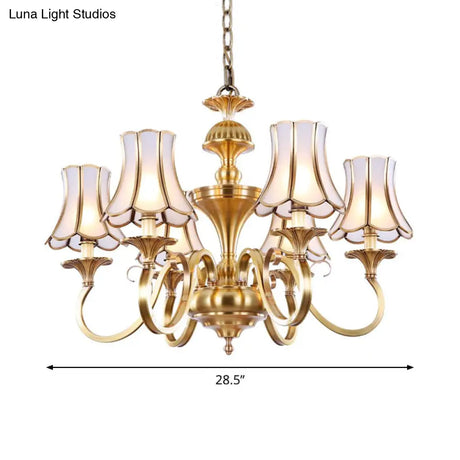 Traditional Bedroom Chandelier Light With Frosted Glass Shades - Polished Brass Finish 3/5/6 Lights