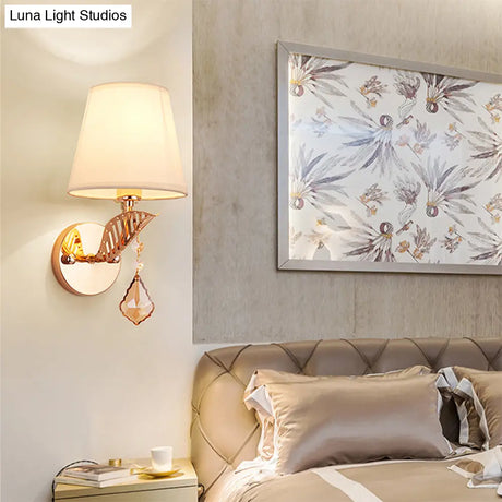 Traditional Bedroom Wall Lamp - Fabric White/Red/Blue Sconce Light With Crystal Drop