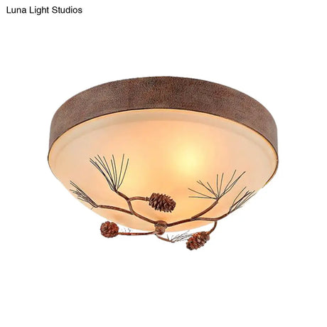 Traditional Beige Ceiling Light Fixture With Frosted Glass Drum Shade - 3 Lights For Bedroom