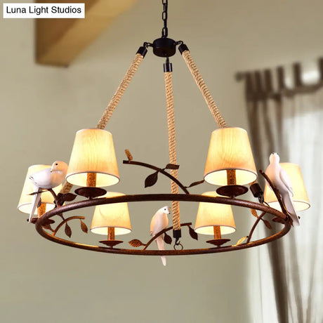 Traditional Beige Chandelier With 6 Lights And Cone Shade - Fabric Wagon Wheel Pendant Lamp